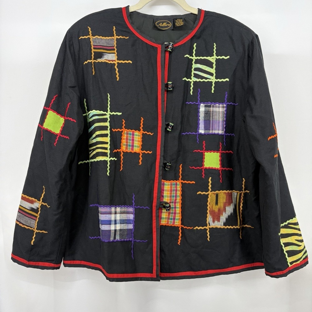 Allure Size XL Patchwork Jacket Art to Wear Colorful Plaid Button Front Black